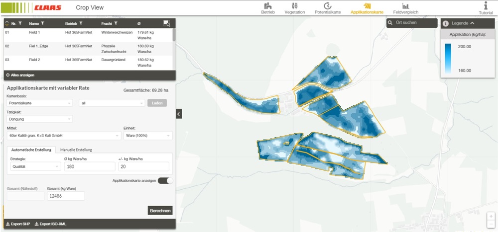 Screenshot CLAAS Crop View Applikationskarte 365FarmNet - Strohpressen