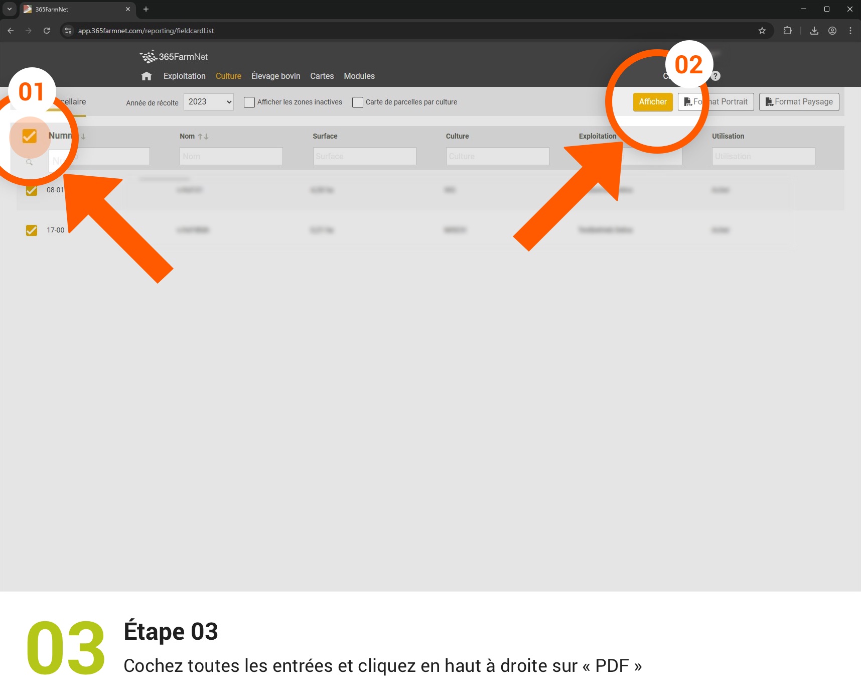 Exporter les fiches de parcelles